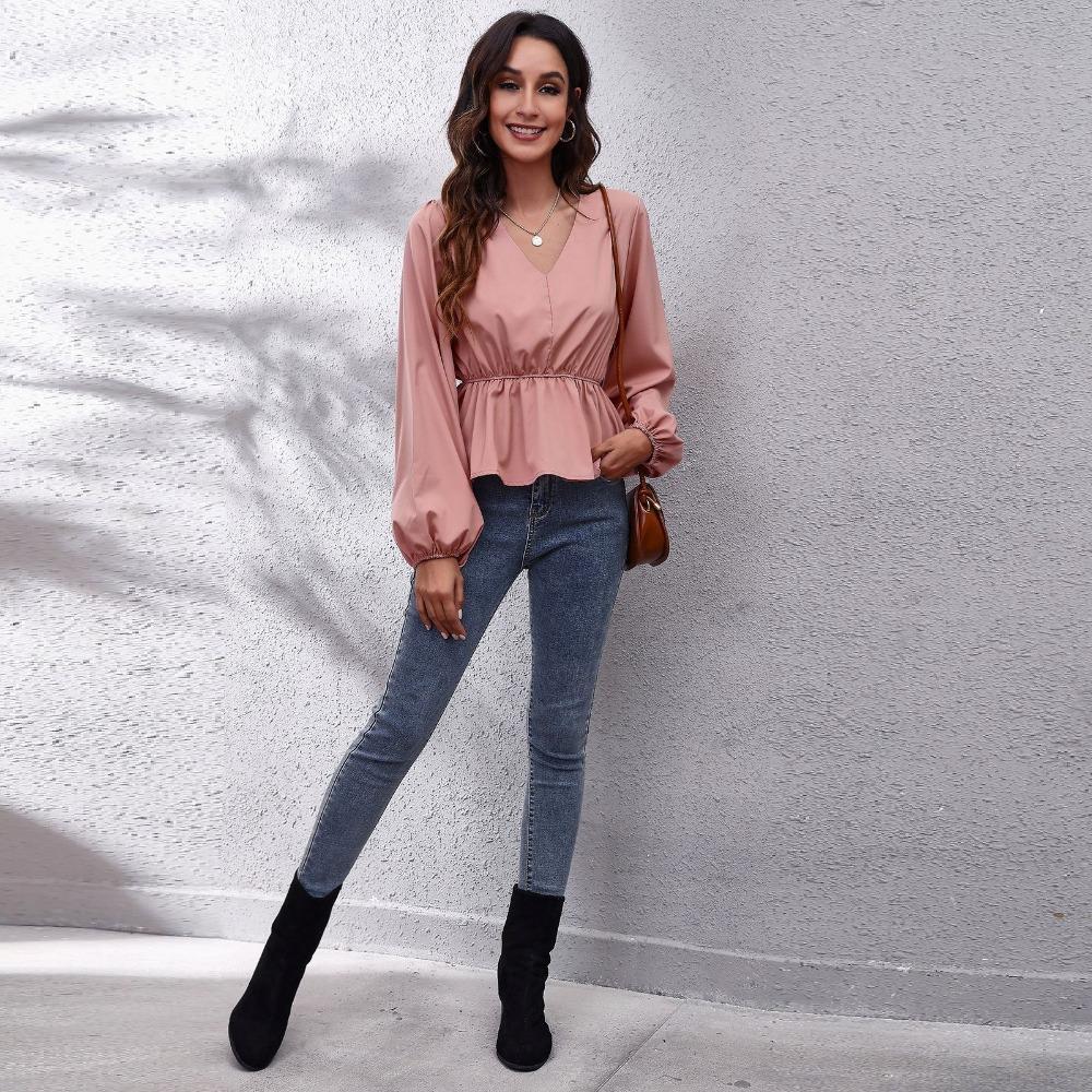 GMXIA Женские модные повседневные однотонные блузки и рубашки с v-образным вырезом и длинным рукавом с принтом