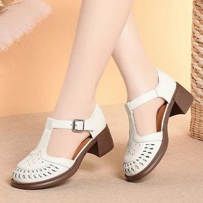 5 см Элегантные офисные женские Т-образные сандалии из мягкой кожи с вырезом и круглым носком, 2025 лето, сандалии на среднем блочном каблуке для офиса, для мамы