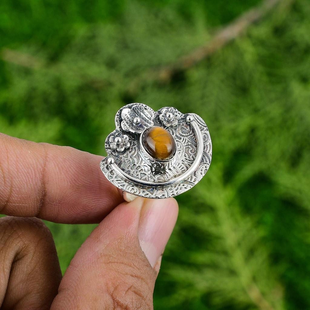 Gift For Her 925 Silver Natural Tiger'S Eye Statement Flower Adjustable Ring
