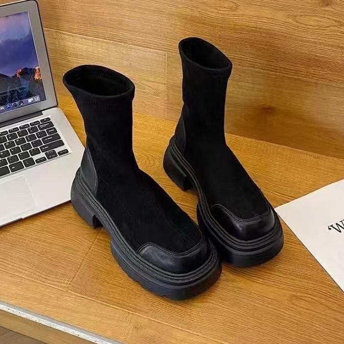 Fashion Temperament Brown Versatile Thick Heel Platform Short Boots Women's New Autumn Elastic Thin Boots