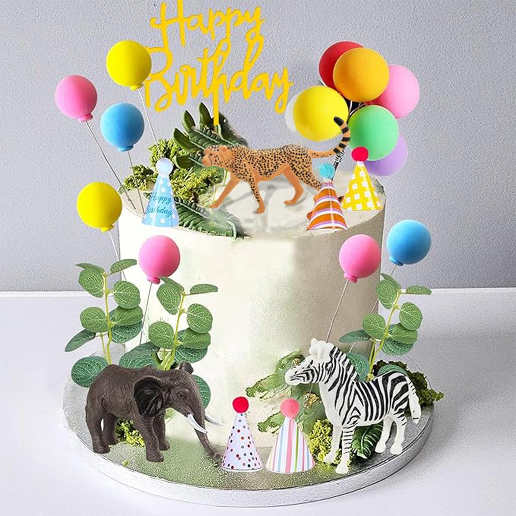 Safari Animal Cake Toppers with Mini Birthday Party Hat Color Balls Cake Decorations for Jungle Wild Themed Party Supplies