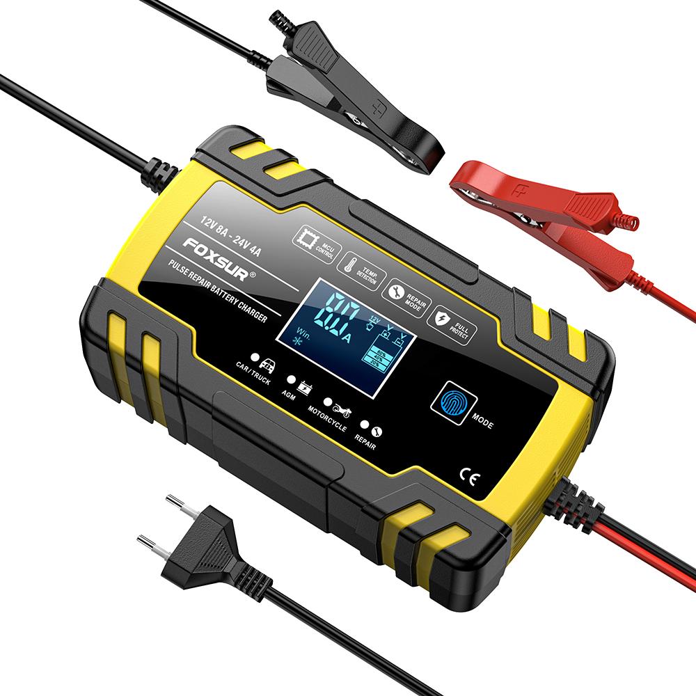 12V/8A 24V/4A Полностью автоматическое автомобильное зарядное устройство Импульсный ремонт FOXSUR Автомобильный грузовик AGM Свинцово-кислотный ЖК-дисплей Автоматическая зарядка аккумулятора FBC122408D