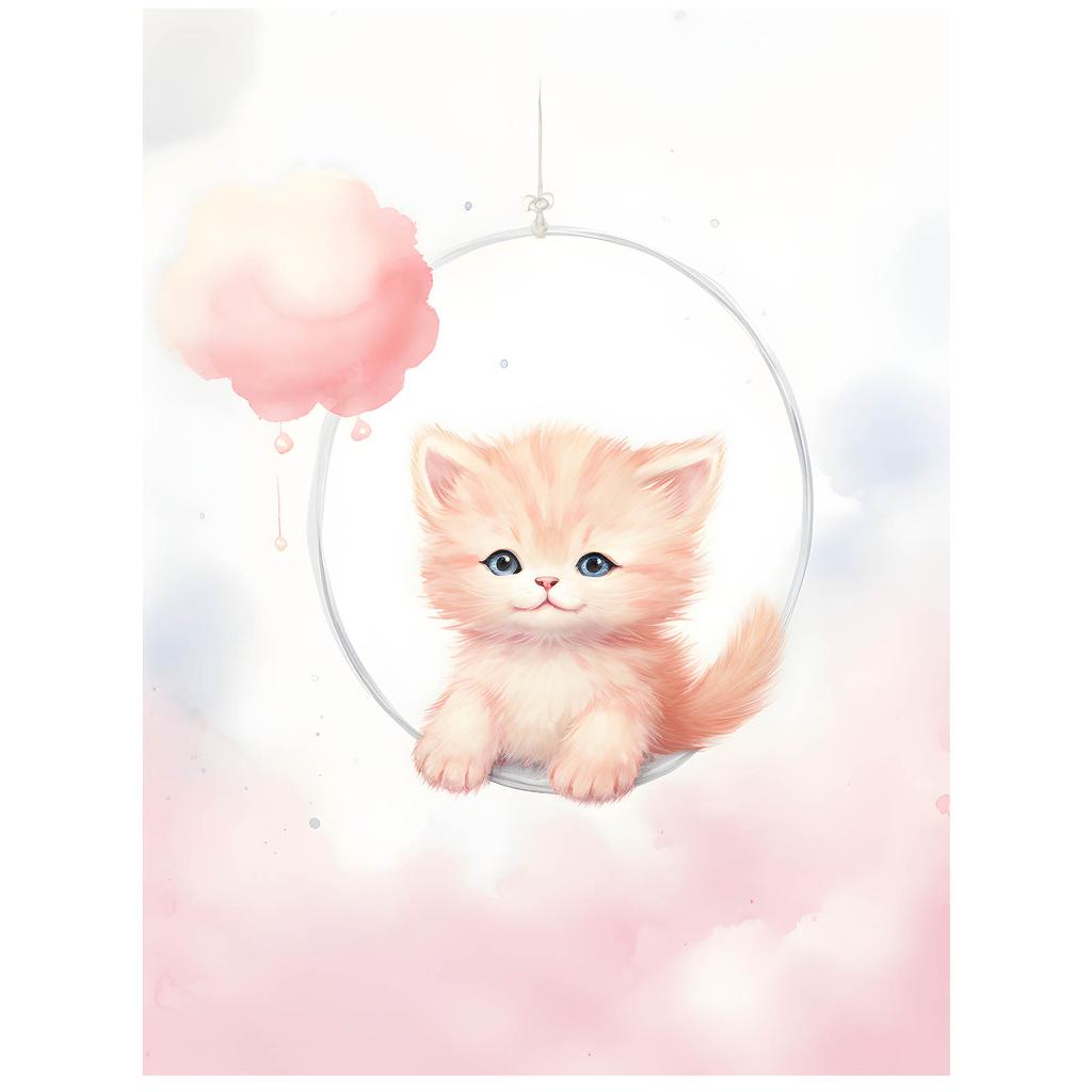 Радостный Котенок На Качелях Радостный Котенок На Качелях, 50x70 См, Золотая Алюминиевая Рама, Матовая Бумага 230 г/м²