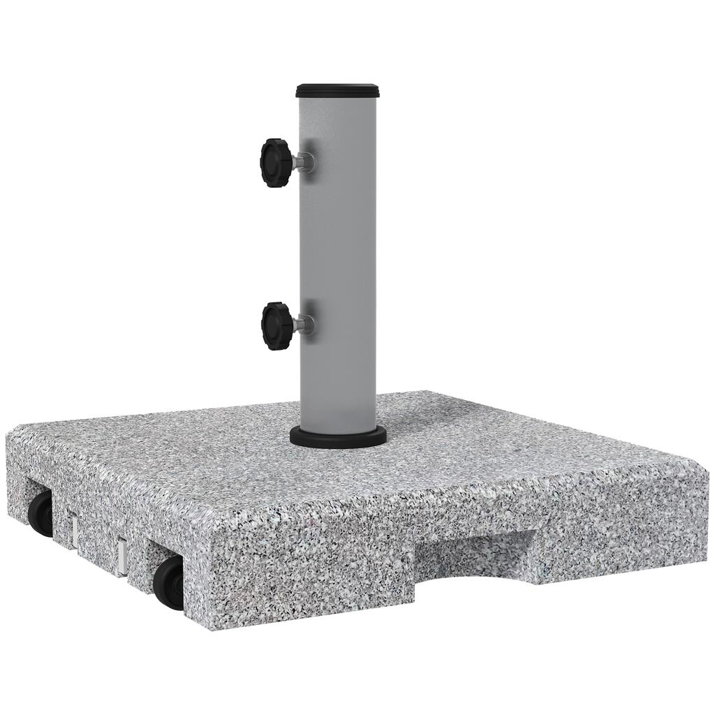 Granite Parasol Base. 28kg Heavy Duty Square Umbrella Stand with Wheels. Retractable Handle. Stainless Steel Tube. Grey