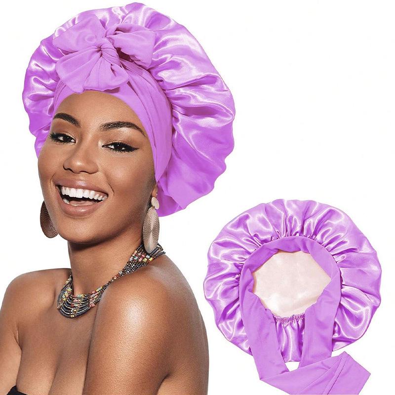 Women's Reversible Double-Layer Satin Nightcap with Ribbon - High Elasticity Round Hat for Hair Protection