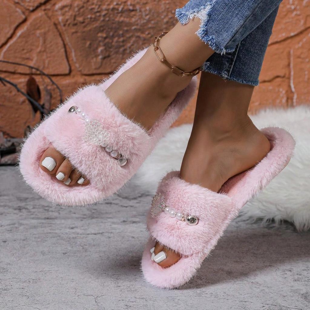 Fashion Slippers Women Basic Daily Flat Low Heels Leisure Women Shoes Slip On Fur Plush String Bead Pearl Winter Shoes Plus Size