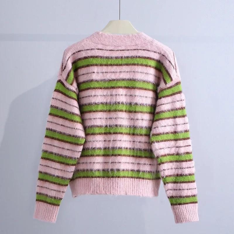 Женский милый однобортный полосатый кардиган, пальто, повседневный утолщенный теплый свитер с V-образным вырезом, осенне-зимняя термовязаная куртка