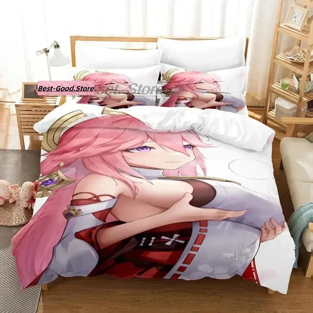 Genshin Impact Yae Miko Комплект постельного белья Single Twin Full Queen King Size Комплект постельного белья Aldult Kid Bedroom Duvetcover Sets 3D Print Game