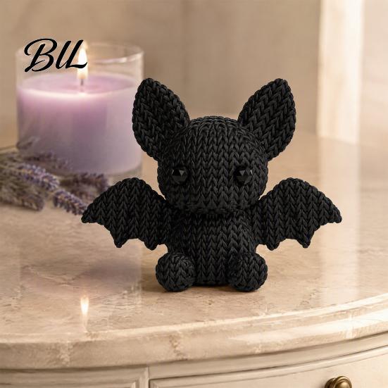 Trendy Desk Toys Collectibles 3D Printed Bat Figurine with Knitted Texture, Cartoon Halloween Decoration, Matte Black Cute Animal Statue for
