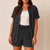 Женский повседневный и модный однотонный топ-рубашка с лацканами и короткими рукавами, комплект шорт на кулиске с высокой посадкой