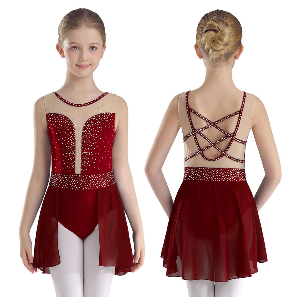 Kids Girls Ballet Lyrical Dance Figure Ice Skating Dress Hollow Back Mesh Gymnastics Leotard Dress