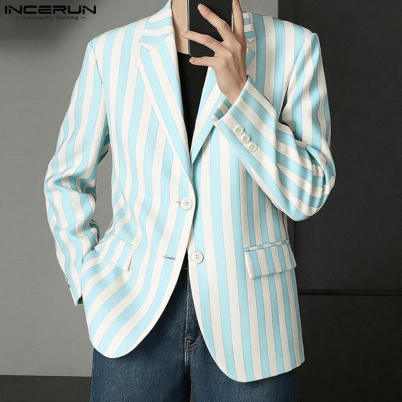 INCERUN Oversized Men Lapel Neck Long Sleeve Striped Print Casual Thin Blazer Suit Coats