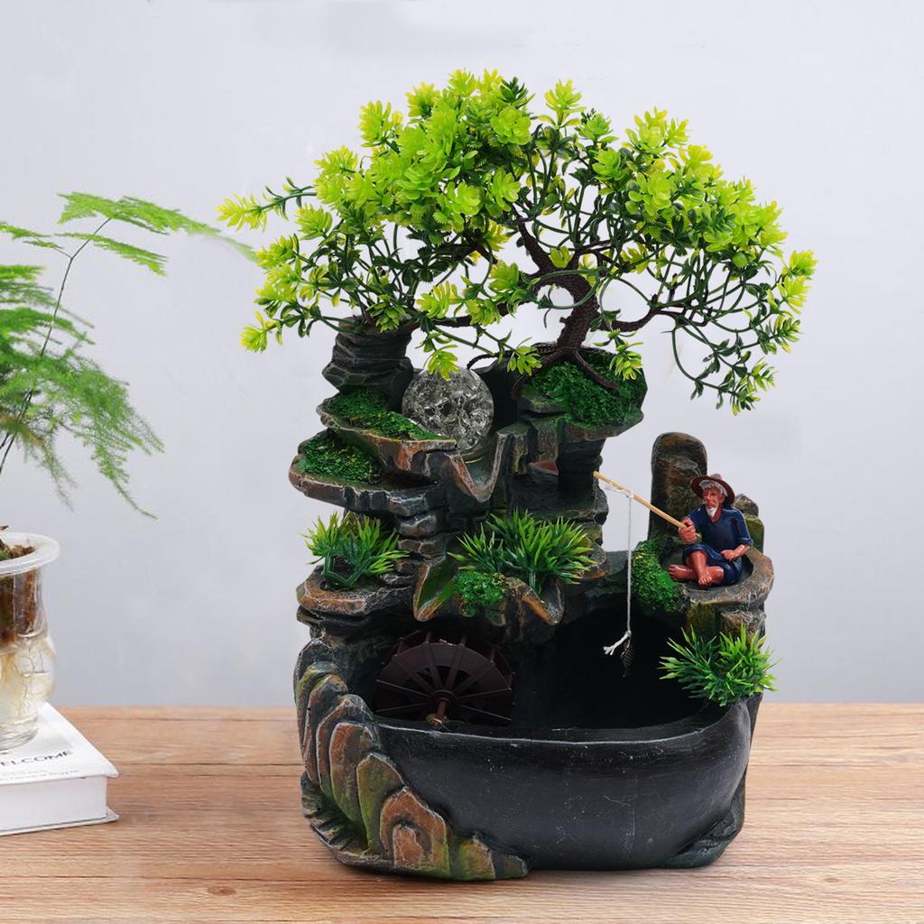 No Fog + Fishing Old Man Mini Mountain Fountain, Resin Zen Tabletop Waterfall Decor with Hidden Wiring, Stable Solid Base