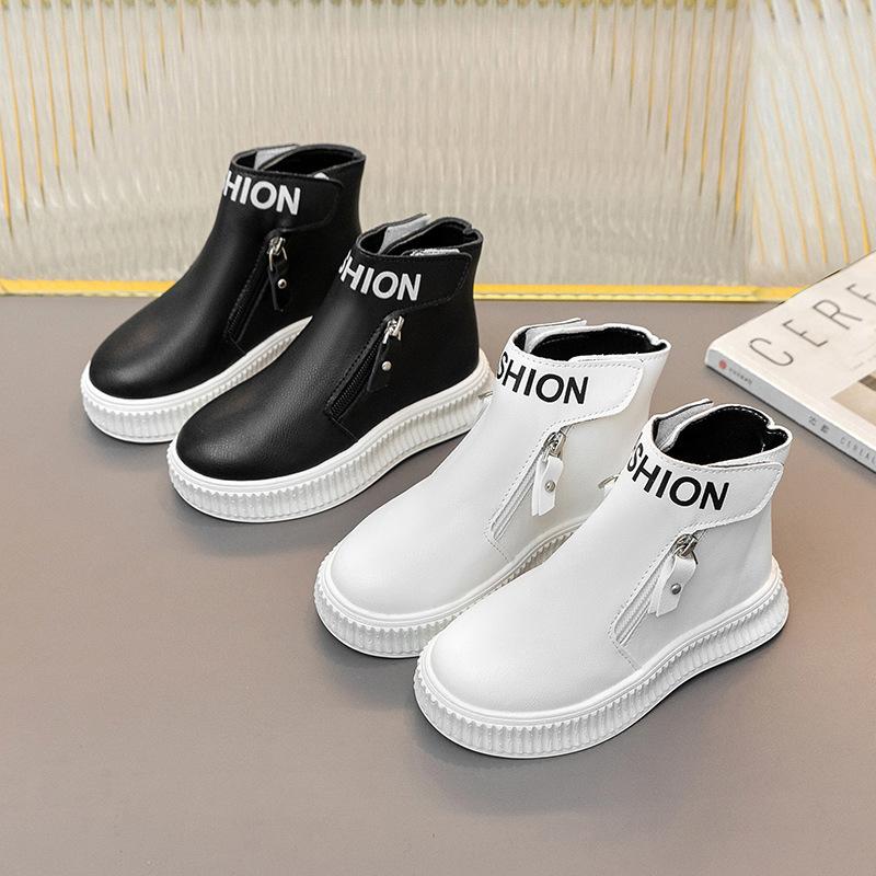 Детские модные ботинки с застежкой-молнией сбоку, с круглым носком, для мальчиков, спортивные ботинки, классические, однотонные, нескользящие, короткие кожаные ботинки для девочек