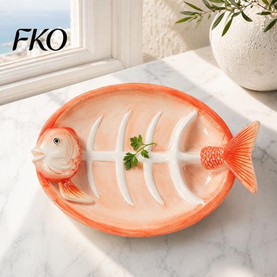Three-dimensional Fish Plate Shaped Ceramic Dumpling Plate, Sushi Serving Tray with Red Gradient Platter Dip Sauce Grooves, Multifunctional Appetizer