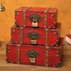 Retro Wooden Rectangular Storage Box Set with Lock - Creative Organizer & Decorative Props