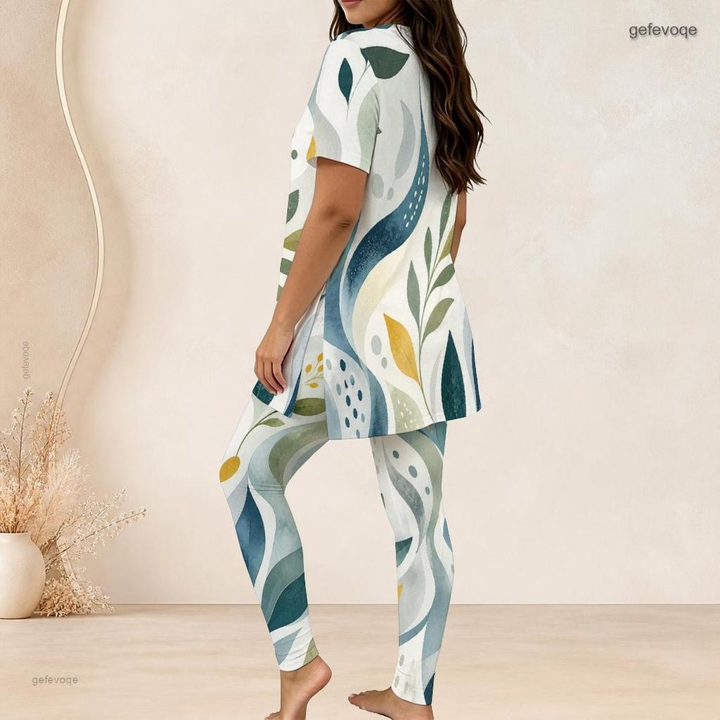 Women Plus Size Tropical Leaf Printed Two Piece Set Round Neck Short Sleeve Longline Top Fitted Long Pants
