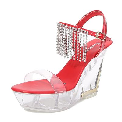 Женская обувь, прозрачные туфли для ночного клуба, высокие каблуки, подиум, стразы, кисточка, кристаллическая танкетка, серия 1101, каблук 10 см, платформа 4 см, LFD