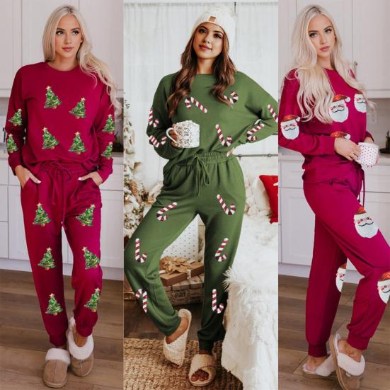 2 Pcs/Set Women Fall Winter Set Christmas Tree Snowman Santa Print Sequin O Neck Long Sleeve Top Elastic Waist Pants Set New Year Holiday Party