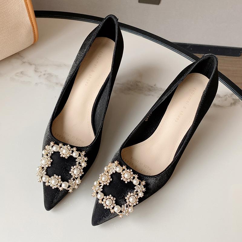 Женские туфли, новые свадебные туфли на высоком каблуке с острым носком, туфли феи фэншуй с квадратной пряжкой и бриллиантами, женская обувь на шпильке