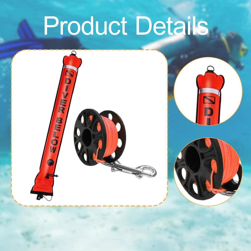 Compact Scuba Diving Surface Marker Buoy Set with Double-ended Clip, Tube And Reel.