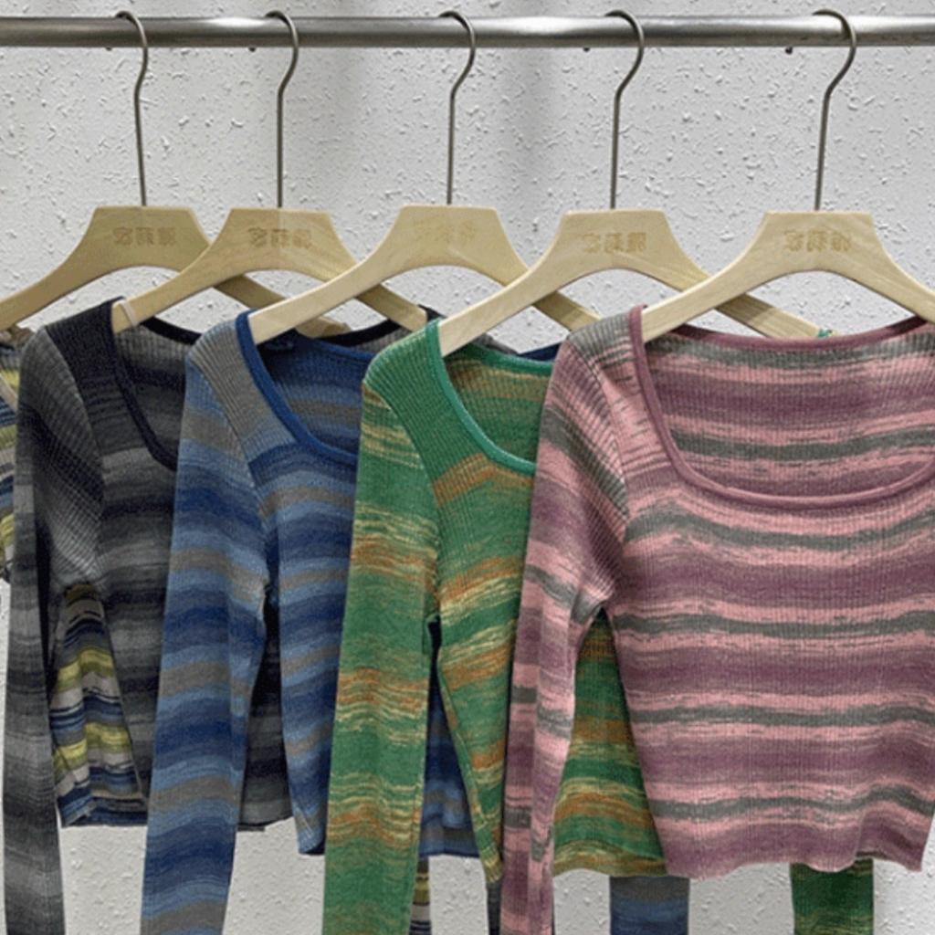 Новый осенний ретро вязаный свитер с квадратным вырезом и радужными полосками, женский базовый свитер с длинным рукавом, облегающий короткий топ