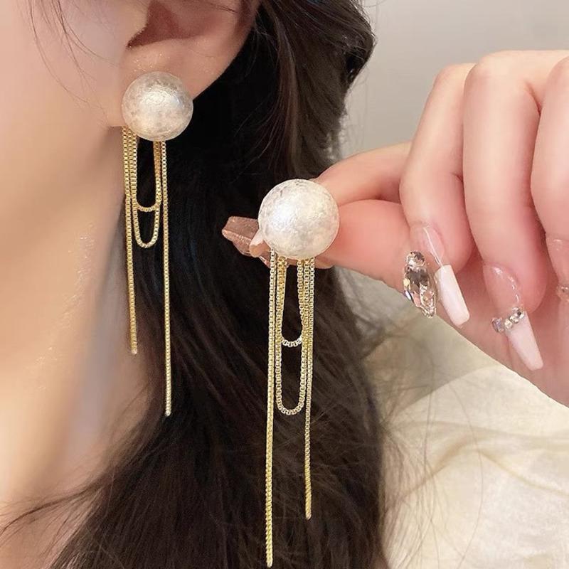 Korean Fashion Imitation Pearl Dangle Earrings Elegant Round Shape Chain Tassel Drop Earrings For Women Bridal Earrings Party Jewelry