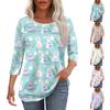 Женская мода круглый вырез шея плиссированная передняя планка с принтом рукав 3/4 топ
