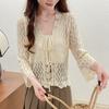 Sweet Hollow Lace-up Knitted Cardigan for Women's Summer Thin Outer with Small Shawl Solid Color Long-sleeved Knitted Top for Women