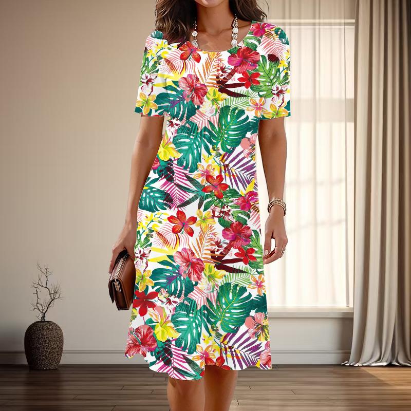 Women's Fashion Graceful Plantain Leaf Print Summer Spring Short Sleeve O-Neck Casual Dresses