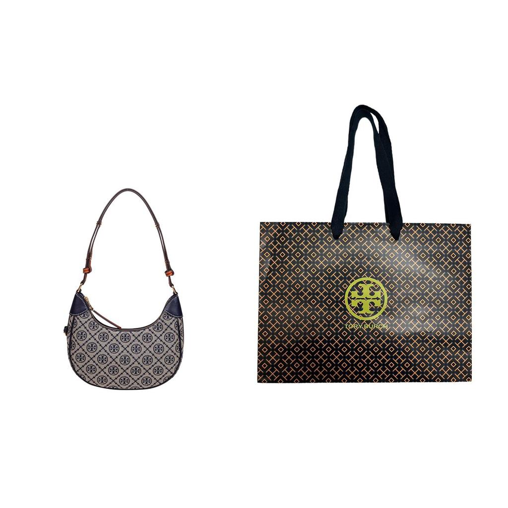 Tory Burch T Monogram Logo Print Zipper Closure Leather Crescent Bag Women Handbags Navy-Blue 158513-405