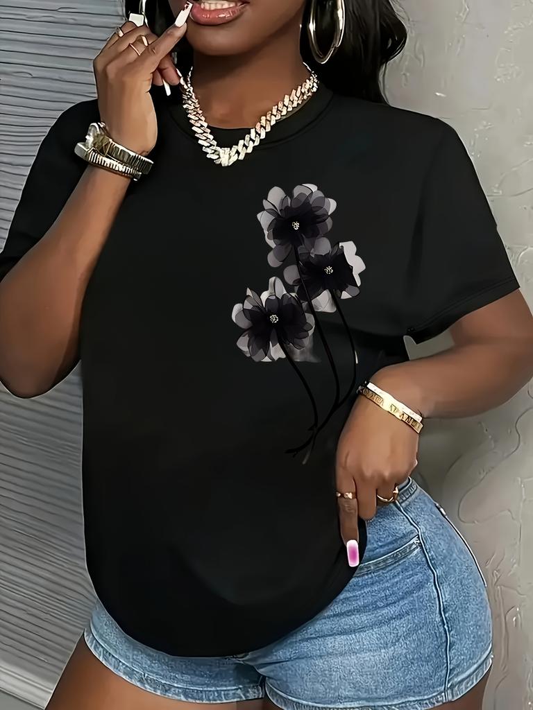 Женская повседневная футболка черного цвета с цветочным принтом, с коротким рукавом и круглым вырезом, топ из легкой дышащей ткани, женские футболки, одежда