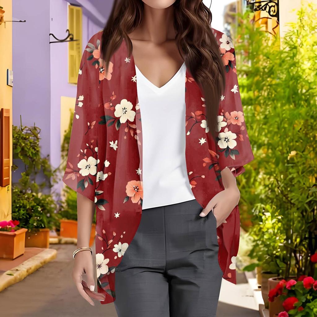 Ladies Fashion Loose Casual Print Beach Holiday   Sleeve Chiffon Cardigan