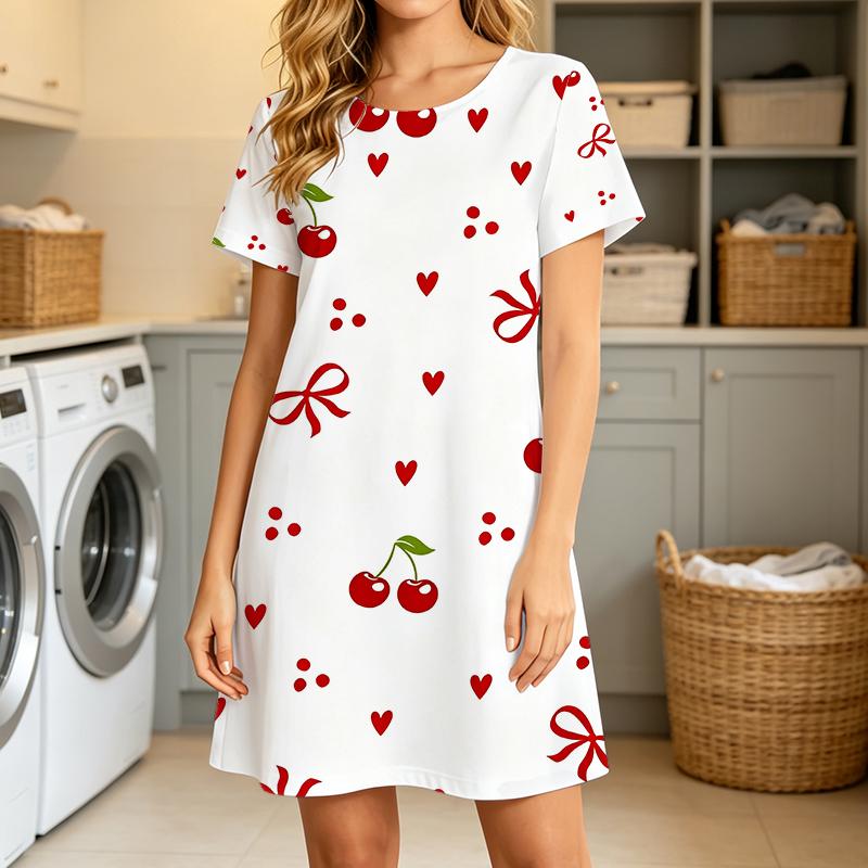 Women Short Sleeve Sleep Dress, Round Neck, Cute Red Cherry, Heart And Bow All Over Print, Lightweight Comfort Home Loungewear