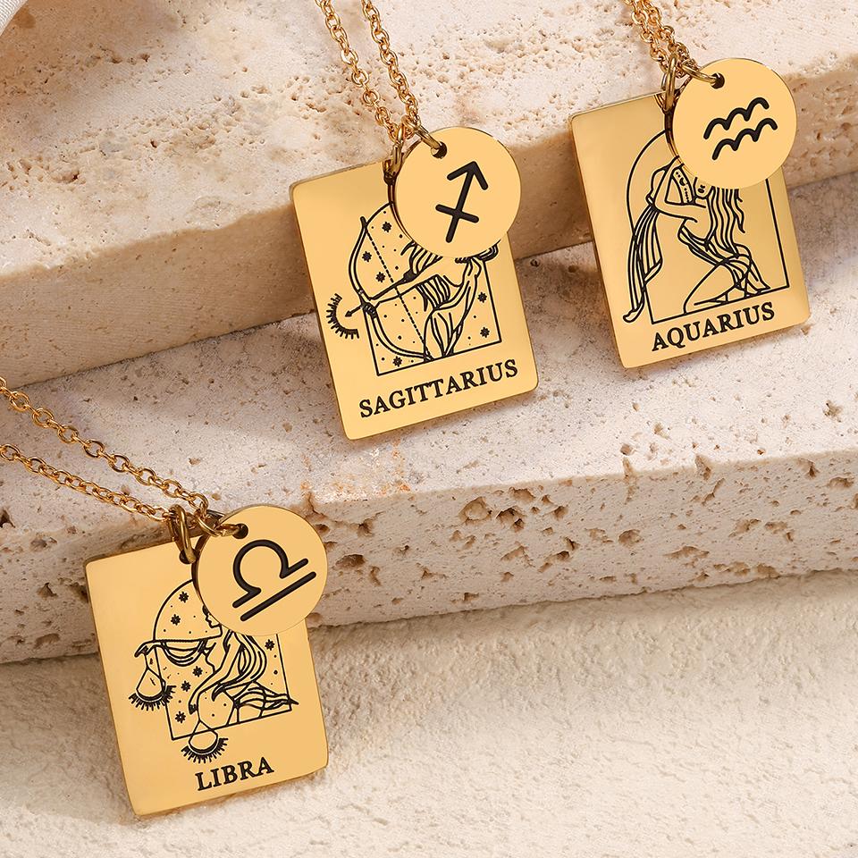 Htpwe Stainless Steel Twelve Zodiac Signs Pendant Necklace Women's Plated 18k Gold Couple Holiday Gift Necklace Party Zircon