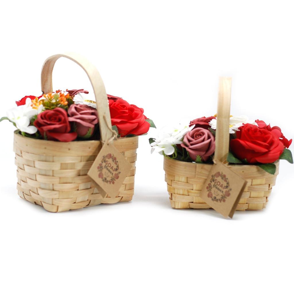 Soap Flower Bouquet Red Medium Wicker Basket