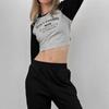European and American Autumn and Winter Women's Street Letter Printed Contrasting Long Sleeved Crop Top T-shirt Round Neck Basic Top