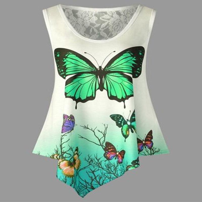 Stylish Women Sleeveless Butterfly Print Lace Patchwork T-shirt For Summer Chic