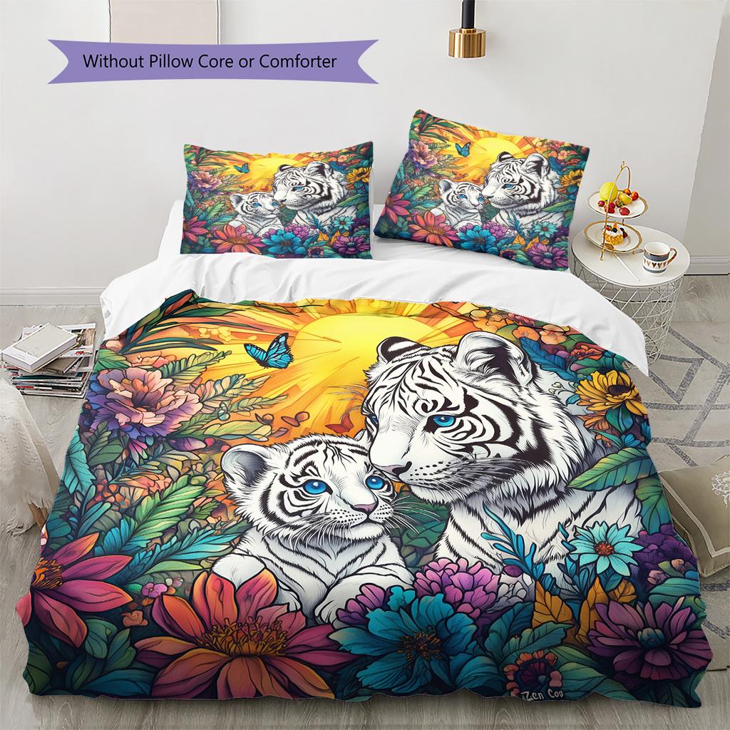 Two Tigers Pattern Bedding Quilt Set Home Decoration Gift (1 * duvet cover + 2 * pillowcase, without core)