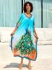 Elegant Plus Size Women Peacock Printed Boho Kaftan 2024 Summer V-Neck Bat Sleeve Beach Dress Swim Suit Cover Up House Dress Q1674