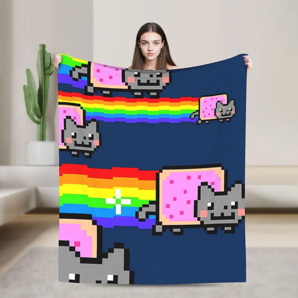 Cat Rainbow Pixel Space Nyans Blanket Flannel Textile Decor Multifunction Soft Throw Blankets for Bedding Couch Rug Piece