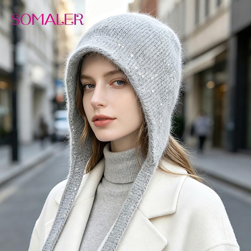 SOMALER Женская вязаная шерстяная шапка-бини с ушками и разрезом сзади, зимняя шапка 54-58 см