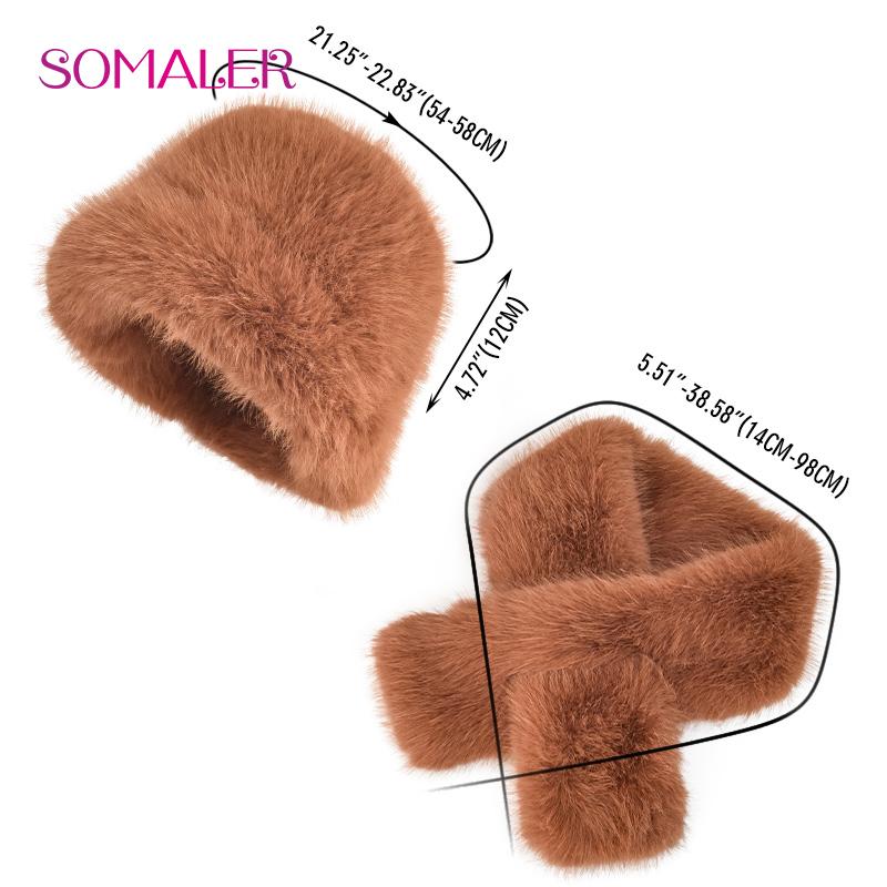 SOMALER Зимняя шапка из искусственного меха, шарф, комплект для женщин и девочек, теплые красочные шапки-ведра с шарфами