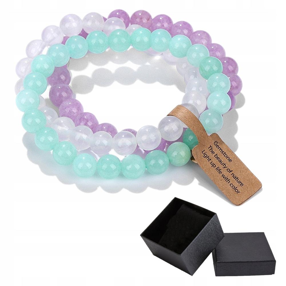 Set of 3 Bracelets 8mm Natural Stone Green White Purple Chalcedony