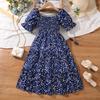 Children's Fashion Dress Summer Girls Holiday Vintage Floral Short Sleeve Waist Slimming Princess Dress