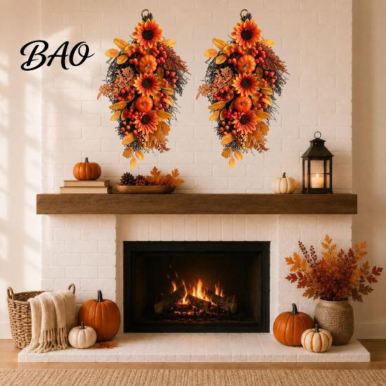 Double Door Hanging Wreath Fall Sunflower Swags Wreath, Maple Leaves And Berries Decor Artificial Thanksgiving Autumn Seasonal Farmhouse Front