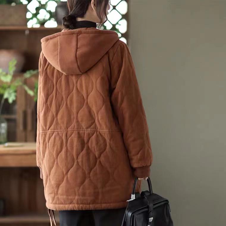 Женская ретро хлопковая куртка с утеплителем: Осенне-зимний повседневный топ с капюшоном, круглым вырезом, длинным рукавом, свободного кроя, большого размера.