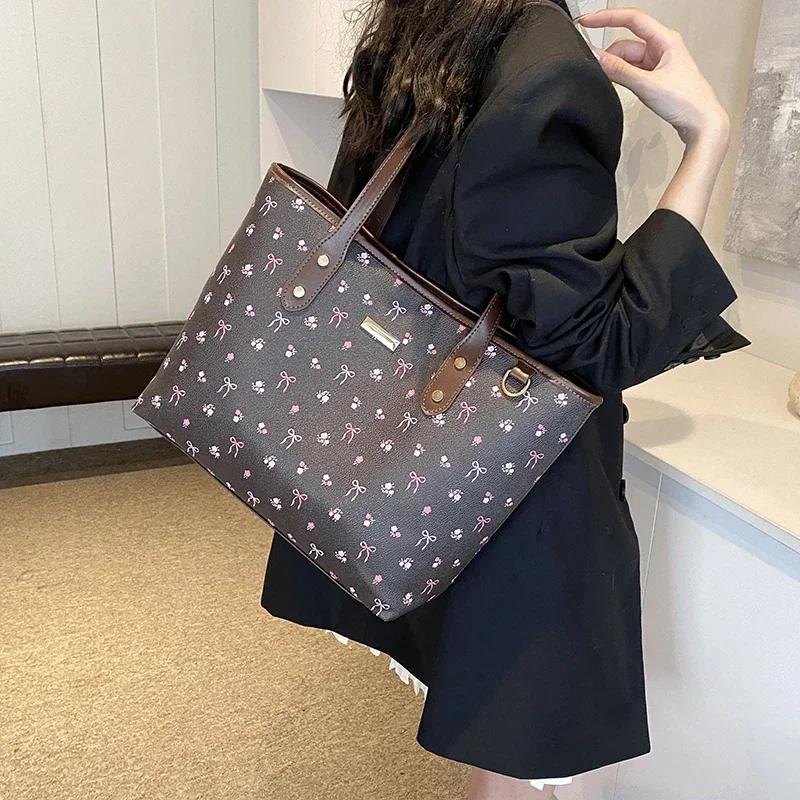 Модные сумки через плечо из искусственной кожи с молнией, полные цветов, большой емкости, универсальные сумки-тоут для поездок на работу для женщин, молодежи, повседневные