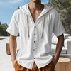 Men's Linen Hooded Shirt Solid Color Short Sleeve Shirt Loose Fit Button Down Summer Casual Top for Beach Daily Wear Office Travel