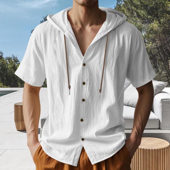 Men's Linen Hooded Shirt Solid Color Short Sleeve Shirt Loose Fit Button Down Summer Casual Top for Beach Daily Wear Office Travel